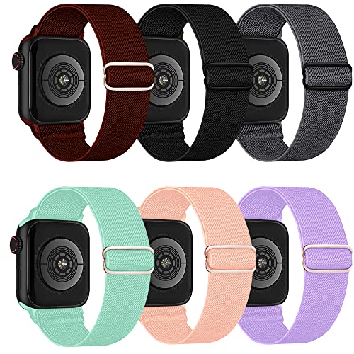 Lugege Loop Elastisches Armband Kompatibel mit Apple Watch 38mm 40mm 41mm, Nylon Stoff Band für Apple Watch Series 7/SE/6/5/4/3/2/1, 6 Stück, Schwarz/Rosa/Lila/Rot/Weiß/Blaues Meer von Lugege