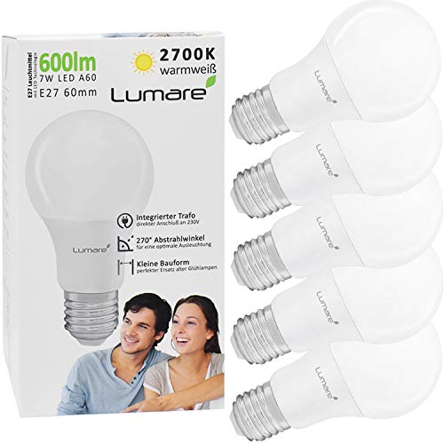 Lumare LED Lampe 7W A60 Tropfenform | Fassung E27 LED Warmweiß 2700K Leuchtmittel | 600 Lumen Glühbirnen | Ersetzt 60W Birnen | Licht Abstrahlwinkel 270° | 5er Set von Lumare