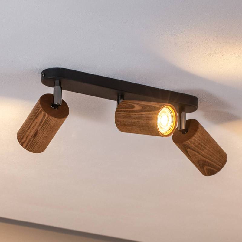 Deckenleuchte Nise, 3-flammig, länglich, Stahl schwarz, Holz von Luminex