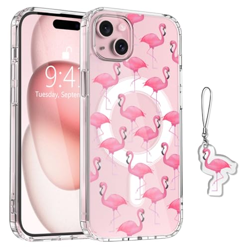 LuminousGuard Schutzhülle für iPhone 13 Pro, niedlicher Flamingo, klar, weich, magnetisch, mit Handy-Charm, für Frauen und Mädchen, kompatibel mit MagSafe von LuminousGuard