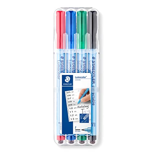 STAEDTLER Folienstift Lumocolor correctable, trocken korrigierbar, F-Spitze Linienbreite ca. 0.6 mm, hohe Qualität Made in Germany, Set mit 4 Farben, 305F WP4-1 , 4 Stück (1er Pack) von Lumocolor