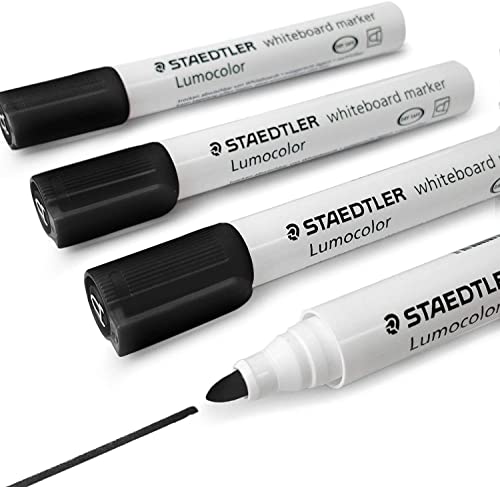 Staedtler Lumocolor Whiteboard-Marker 351 – trocken abwischbarer Korrekturstift – Rundspitze – Packung mit 4 x schwarz von Lumocolor