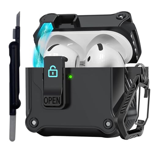 LunarCharm Hülle Anwendbar auf AirPods 4 Gen (2024) (USB-C) mit Schlüsselanhänger und Reinigungsstift, Starker Fallschutz, Auto-Open-Serie, Schwarz von LunarCharm