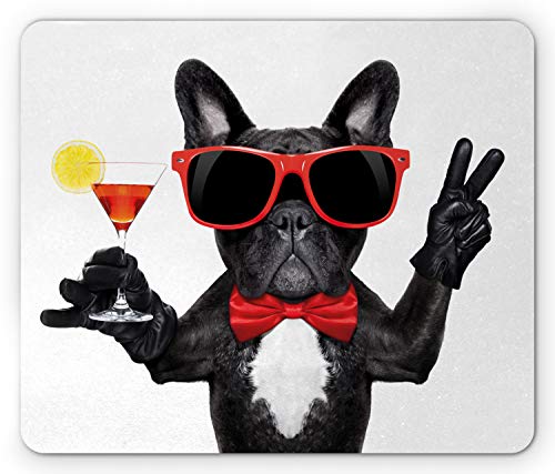 Lunarable Lustiges Mauspad, Französische Bulldogge hält Martini Cocktail bereit für die Party Nachtleben Freude Druck, Rechteckiges rutschfestes Gummi-Mauspad, Standardgröße, Weiß Schwarz von Lunarable