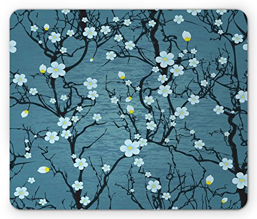 Lunarable Mauspad mit Blumenmuster, Sakura-Baumzweige, blasse japanische Kirschblüte, Frühlingsform, rechteckig, rutschfest, Gummi, Standardgröße, Blau / Schwarz von Lunarable