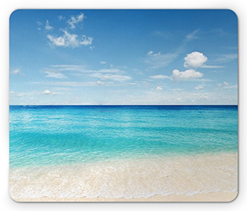 Lunarable Mauspad mit Meeresmotiv, tropisches Karriboisches Meer, Sand, Strand, Blau, ruhiges ruhiges Wasser, rechteckig, rutschfest, Gummi, Standardgröße, Blau und Weiß von Lunarable