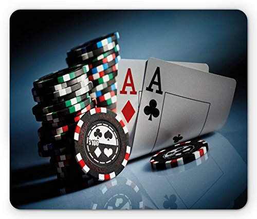 Lunarable Poker Turnier Mouse Pad, Gambling Chips und Paar Karten of Aces Casino Wager Games Hazard Print, Rechteckiges rutschfestes Gummi-Mauspad, Standardgröße, Dunkelschieferblau von Lunarable