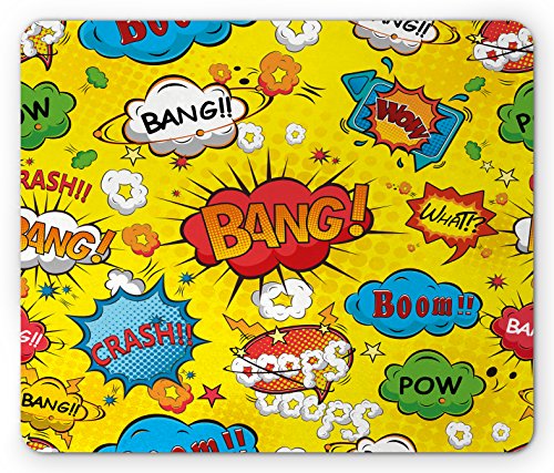 Lunarable Superhelden-Mauspad, Humor-Sprachblasen, flippiges lebendiges Bang-Boom-Bam-Pow-Fiction-Design, rechteckiges, rutschfestes Gummi-Mauspad, Standardgröße, Gelb / mehrfarbig von Lunarable