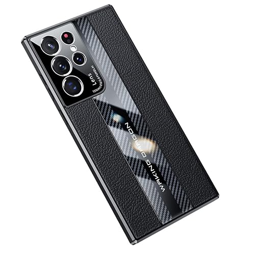 Samsung Galaxy S23 Ultra Hülle Slim TPU Kohlefaser & Leder Silikon Cover para kompatibel mit s23Ultra 6,8 Zoll 5G 2023 Kameraschutz stoßfeste Handyhülle (schwarz) von Lunivop