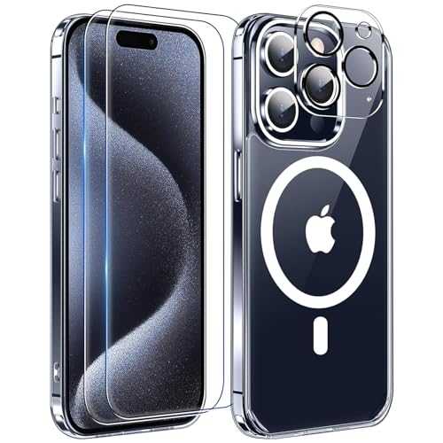 Lunriwis 5-in-1-Set für iPhone 15 Pro Max Hülle Magsafe, Handyhülle für iPhone 15 Case Rundumschutz Schutzhülle Cover [1 Handyhülle+2 Schutzfolie+2 Kameraschutz] Transparent von Lunriwis
