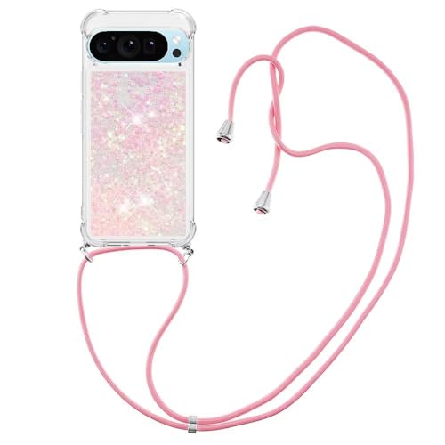 Luoiwei Case for Google Pixel 9 Hülle mit Band Glitter Liquid Moving Quicksand Cover,Mobile Phone Chain for Google Pixel Hülle Silikon Transparent,Cute Phone Case for Women/Girls,Rosa von Luoiwei