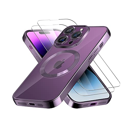 Luoiwei Magnetisch 3D Hülle für iPhone 14 Pro, Kompatibel mit MagSafe, [Eingebauter Linsenfolie] [2X Panzerglas] Transparent Handyhülle Staubdicht Kratzfeste Slim Soft Silikon Cover Case, Lila von Luoiwei