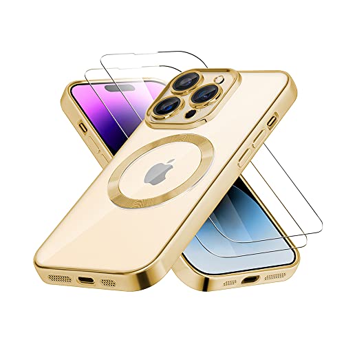 Luoiwei Magnetisch 3D Hülle für iPhone 14 Pro Max, Kompatibel mit MagSafe, [Eingebauter Linsenfolie] [2X Panzerglas] Transparent Handyhülle Staubdicht Kratzfeste Slim Soft Silikon Cover Case, Gold von Luoiwei