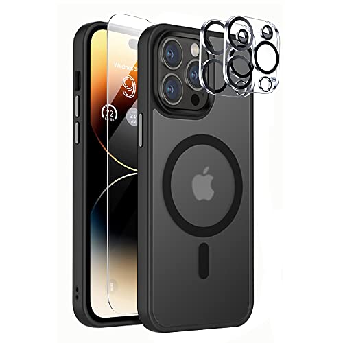 Luoiwei Matt Magnetisch für iPhone 14 Pro Hülle Matt für Magsafe, [5 in 1] 2 Schutzfolie, 2 Kamera Glasfolie, Stoßfeste Kratzfeste Schutzhülle, Anti-Fingerabdruck Handyhülle Slim Case, Schwarz von Luoiwei