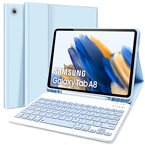 Schutzhülle mit spanischer Tastatur Ñ für Samsung Galaxy Tab A8 10,5 2022 (SM-X200/X205) - Schutzhülle mit Stiftschlitz, kabellose Tastatur für Samsung Tab A8 10,5, Himmelblau von Lupxiu