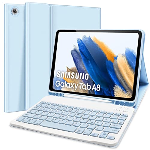 Tastatur Hülle für Samsung Galaxy Tab A8 10.5 2021 (SM-X200/X205), Magnetisch Abnehmbarer Kabelloser Deutsche QWERTZ Layout Tastatur mit Schutzhülle - Heilendes Blau von Lupxiu