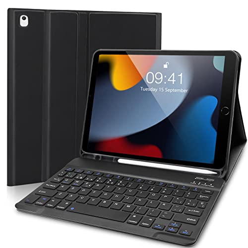 Lupxiu Spanische Tastatur Ñ für iPad 10.2 9. (2021) / 8. (2020) / 7. (2019) / Air 3 / Pro 10,5, Schutzhülle mit Steckplatz für Apple Pencil, Bluetooth, abnehmbar, Schwarz von Lupxiu