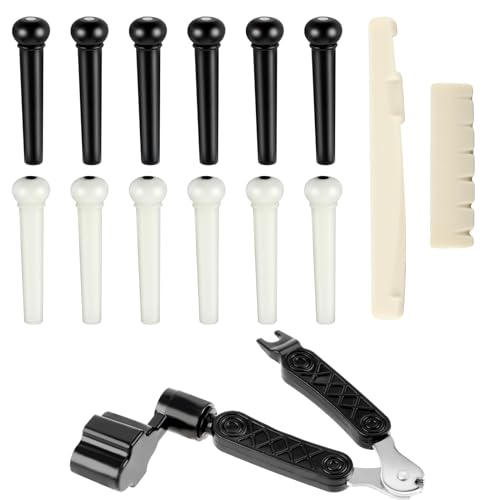 12 Stück Gitarre Bridge Pins Stifte Weiß Schwarz Akustikgitarren Stegstifte 2 Sattel 1 Stimmgerät Gitarren Werkzeug für Akustikgitarre Kompatibel mit Mehreren Gitarrenmodellen Stabile Stimmung von Lusofie