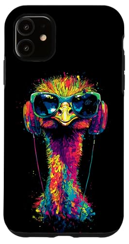 Strauss Vogel Strauß mit Kopfhörer Bunt Emu Musik DJ Sträuße Hülle für iPhone 11 von Lustiges Strauß Motiv für Vogel Strauss Liebhaber