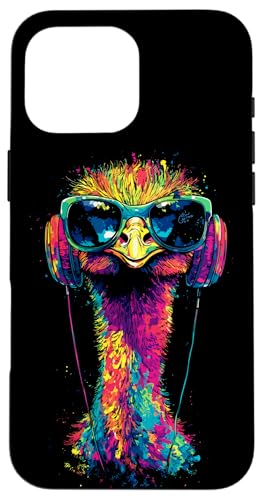 Strauss Vogel Strauß mit Kopfhörer Bunt Emu Musik DJ Sträuße Hülle für iPhone 16 Pro Max von Lustiges Strauß Motiv für Vogel Strauss Liebhaber