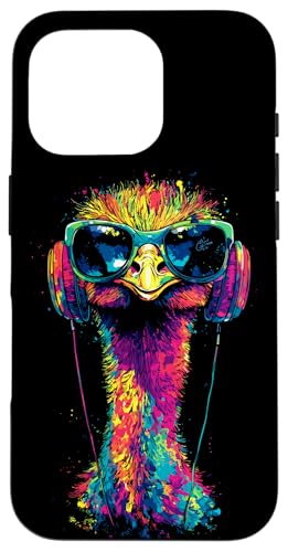 Strauss Vogel Strauß mit Kopfhörer Bunt Emu Musik DJ Sträuße Hülle für iPhone 16 Pro von Lustiges Strauß Motiv für Vogel Strauss Liebhaber