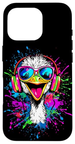 Strauss Vogel Strauß mit Kopfhörer Bunt Emu Musik DJ Sträuße Hülle für iPhone 16 Pro von Lustiges Strauß Motiv für Vogel Strauss Liebhaber