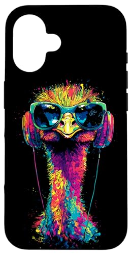 Strauss Vogel Strauß mit Kopfhörer Bunt Emu Musik DJ Sträuße Hülle für iPhone 16 von Lustiges Strauß Motiv für Vogel Strauss Liebhaber
