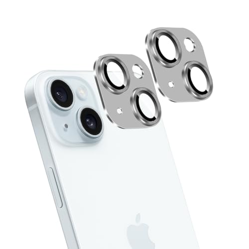 Lutree 2 Stück KameraSchutz für Panzerglas kompatible mit iPhone 15/iPhone 15 Plus,9H Härte HD Blasenfrei Anti- Kratzer，Aluminiumlegierung Einteiliges Design Kamera Linsen Schutzfolie-Silber von Lutree