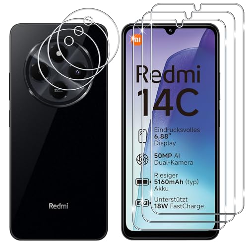 Lutree für Xiaomi Redmi 14C 4G/ Poco C75 für Panzerglas Schutzfolie, 3+3 Stück Schutzglas + Kameraschutz Folie, 9H Härte HD Displayschutz, Anti- Kratzer Displayfolie für Redmi 14 C 4G von Lutree