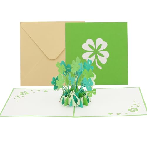 Vierblättriges Kleeblatt Pop Up Karte, 1 Stück 3D Genesungskarte Mit Glückssymbol Handgefertigte Gute Besserung Karte Für Geburtstag Muttertag Jugendweihe (15x15cm, Grün) von LuxStellar