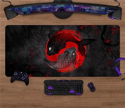 Luxioo Mousepad XXL 1200x600x2mm Gaming Mause Pad Rot Grau Koi Mauspad Groß - Vernähte Kanten - rutschfest - Einer speziellen Oberfläche verbessert Geschwindigkeit und Präzision von Luxioo