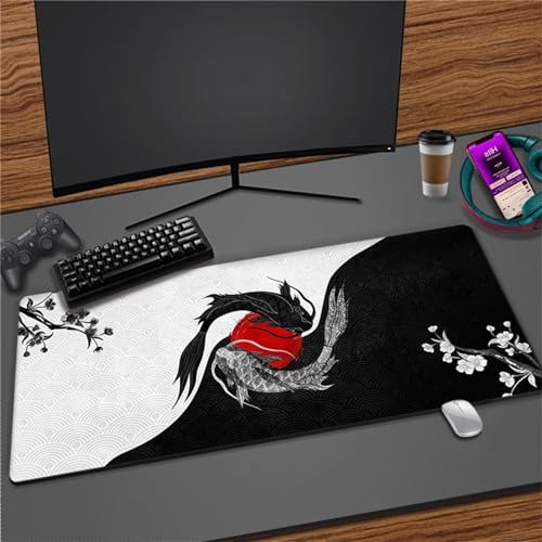 Luxioo Mousepad XXL 700x300x3mm Gaming Mause Pad Schwarz Weiß Koi Mauspad Groß - Vernähte Kanten - rutschfest - Einer speziellen Oberfläche verbessert Geschwindigkeit und Präzision von Luxioo