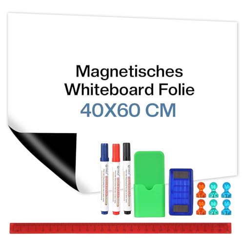 Luxoraiova Whiteboard Magnetisch Folie, 60 x 40 Selbstklebend Weißwandtafel Folie, Abwischbare Magnetfolie, Whiteboard Sticker DIY, Inklusive Marker, Schwamm und Magnete, für Schule, Büro und Zuhause von Luxoraiova