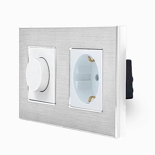 Drehdimmer mechanischer Dimmer Lichtschalter für LED-Leuchten Beleuchtung mit Steckdose und Aluminium Rahmen in weiß Luxus-Time von Luxus-Time