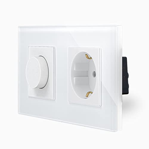 Luxus-Time Schuko Steckdose + Drehdimmer Dimmer Drehregler LED Dimmschalter 500W Phasenabschnittsdimmer Schalter Lichtschalter für Dimmbare Glühlampen und LED-Lampen geeignet UP inkl. Glasrahmen Weiß von Luxus-Time