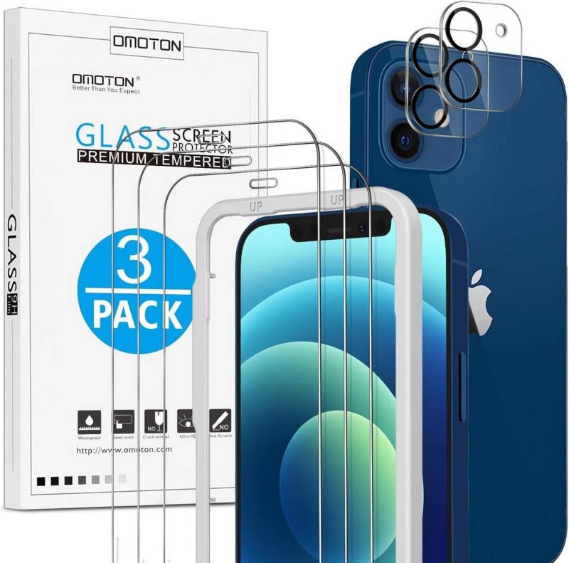 LuxusKollektion Displayschutzglas Schutzfolie für iPhone 12 mit Rahmen-Installationshilfe, [3+2 von LuxusKollektion