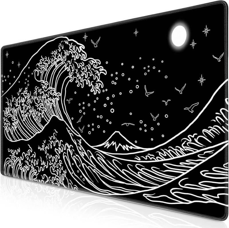 LuxusKollektion Gaming Mauspad Gaming Mauspad XXL 900x400mm Schwarz Japanische Meereswelle Vernähte von LuxusKollektion