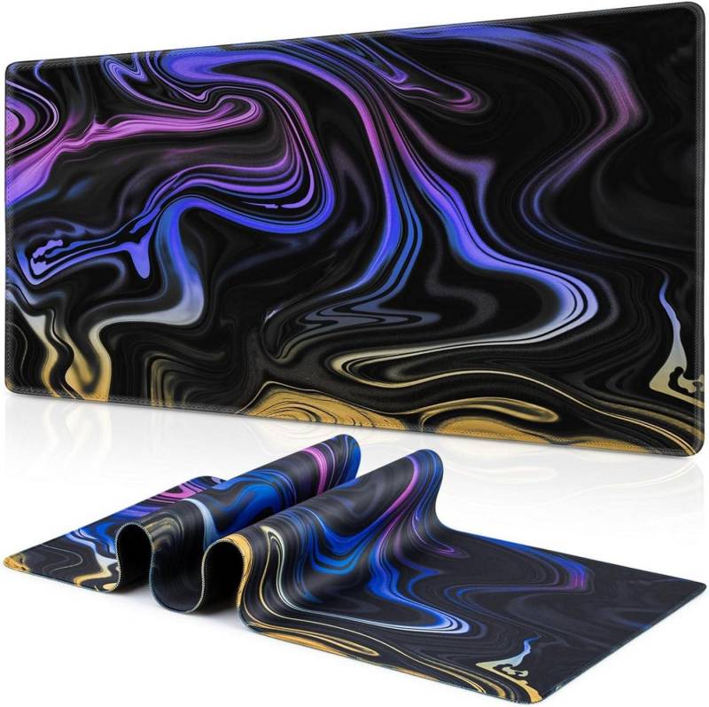 LuxusKollektion Gaming Mauspad XXL Gaming Mauspad 900x400mm Fluid Art Lila-Blaue Vernähte Kanten von LuxusKollektion