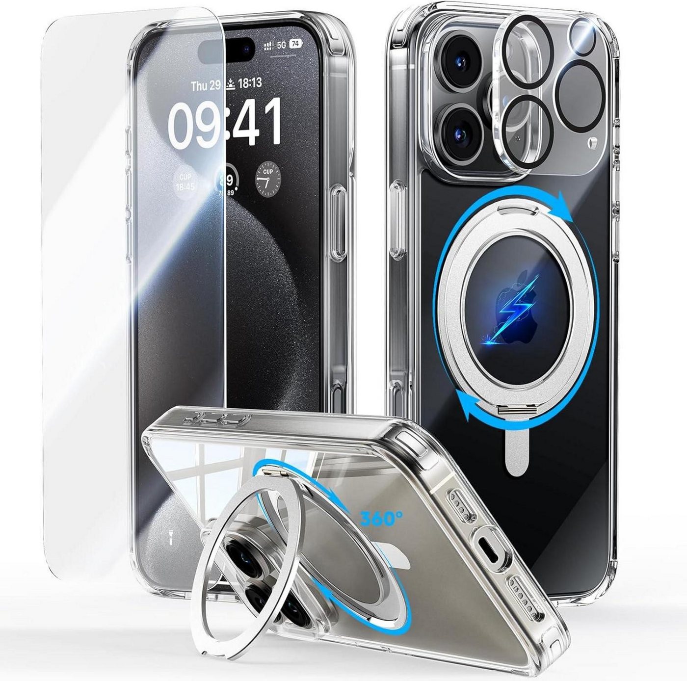 LuxusKollektion Handyhülle 360° Stand iPhone 16 Pro Max Hülle Militärschutz Stoßfest Transparent von LuxusKollektion