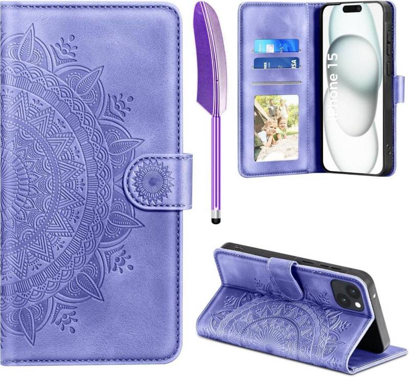 LuxusKollektion Handyhülle EASDNB iPhone 15 Lederhülle Wallet Flip Case Lila mit Kartenfach von LuxusKollektion