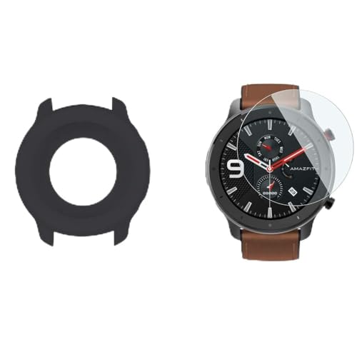 LvBU Schutzhülle und Displayschutzfolie Kompatibel für Amazfit GTR 47mm, Weiche Silikon Hülle, gehärtetes Glas schutzfolie [2 Stück] (Schwarz) von LvBu