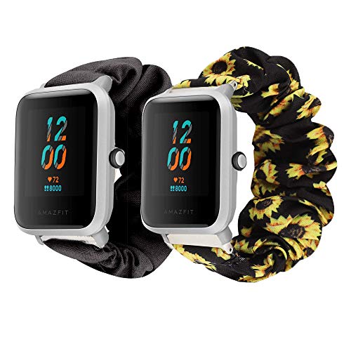 LvBu Armband Kompatibel mit Amazfit bip S, weiche Haargummis Uhrenarmband für Amazfit bip S Fitness Smartwatch (Black+Sunflower) von LvBu