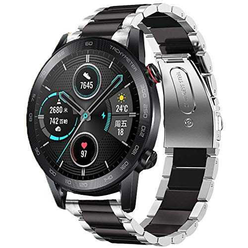 LvBu Armband Kompatibel mit Huawei Honor Magic Watch 2, Classic Edelstahl Uhrenarmband für Huawei Honor Magic Watch 2 (42mm, Silber-Schwarz) von LvBu