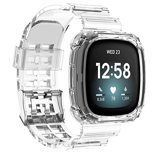 LvBu Armband und hülle in einem Kompatibel Für Fitbit Sense, Sport Silikon Ersatz Uhrenarmband mit Schutzhülle Für Fitbit Sense/Versa 3 Smartwatch (Transparent) von LvBu