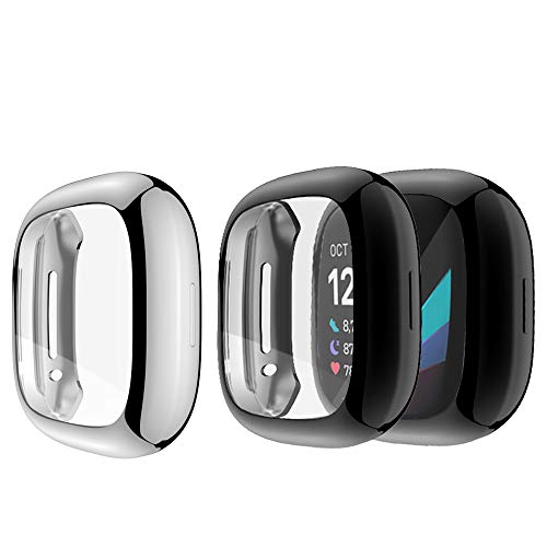 LvBu Schutzhülle Kompatibel mit Fitbit Sense, Flexibles TPU Vollschutz mit Displayschutzfolie Kratzfest Displayschutz Schutz Hülle Für Fitbit Sense (Silber+schwarz) von LvBu