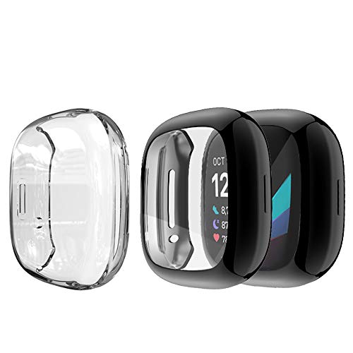 LvBu Schutzhülle Kompatibel mit Fitbit Sense, Flexibles TPU Vollschutz mit Displayschutzfolie Kratzfest Displayschutz Schutz Hülle Für Fitbit Sense (Transparent+schwarz) von LvBu
