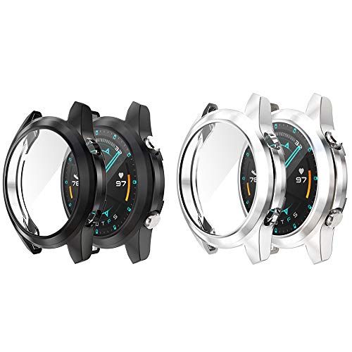 LvBu Schutzhülle Kompatibel mit Huawei Watch GT 2 46mm, Flexibles TPU Vollschutz mit Displayschutzfolie Kratzfest Displayschutz Schutz Hülle Für Huawei Watch GT 2 (46mm) Smartwatch (schwarz+Silber) von LvBu