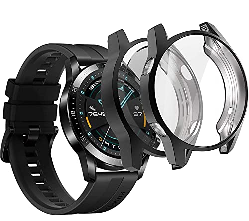 LvBu Schutzhülle Kompatibel mit Huawei Watch GT 2 46mm, Flexibles TPU Vollschutz mit Displayschutzfolie Kratzfest Displayschutz Schutz Hülle Für Huawei Watch GT 2 (46mm) Smartwatch (schwarz+schwarz) von LvBu