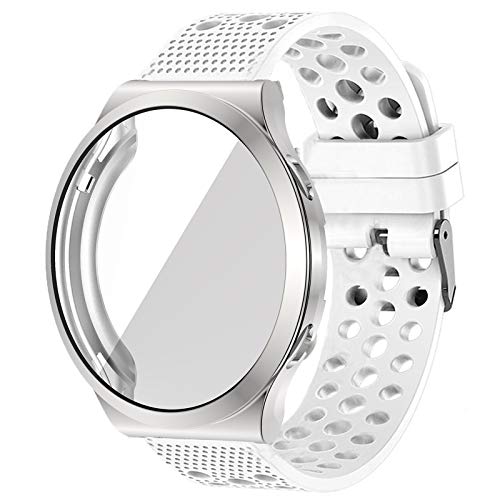 LvBu Schutzhülle Kompatibel mit Huawei Watch GT 2 Pro, Flexibles TPU Vollschutz mit Displayschutzfolie Kratzfest Displayschutz Schutz Hülle Für Huawei Watch GT2 Pro (Silber+Weiß Armband) von LvBu