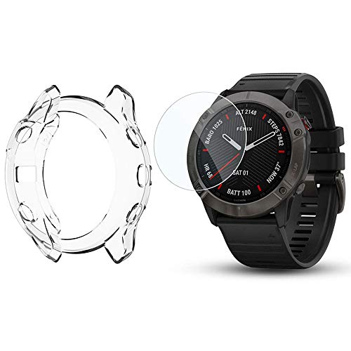 LvBu Schutzhülle und Displayschutzfolie Kompatibel für Garmin Fenix 6 Serie Smartwatch, Weiche Silikon Hülle, gehärtetes Glas schutzfolie [2 Stück] (Transparent hülle + Schutzfolie*2) von LvBu